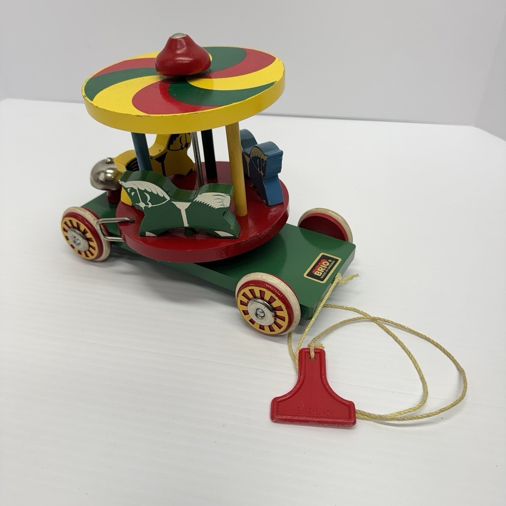 Vintage Wooden BRIO Carousel Horse Merry Go Round Toy Made In Sweden W/ Bell